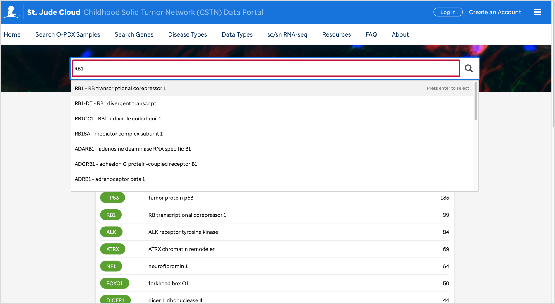 Search box for genes - Screenshot